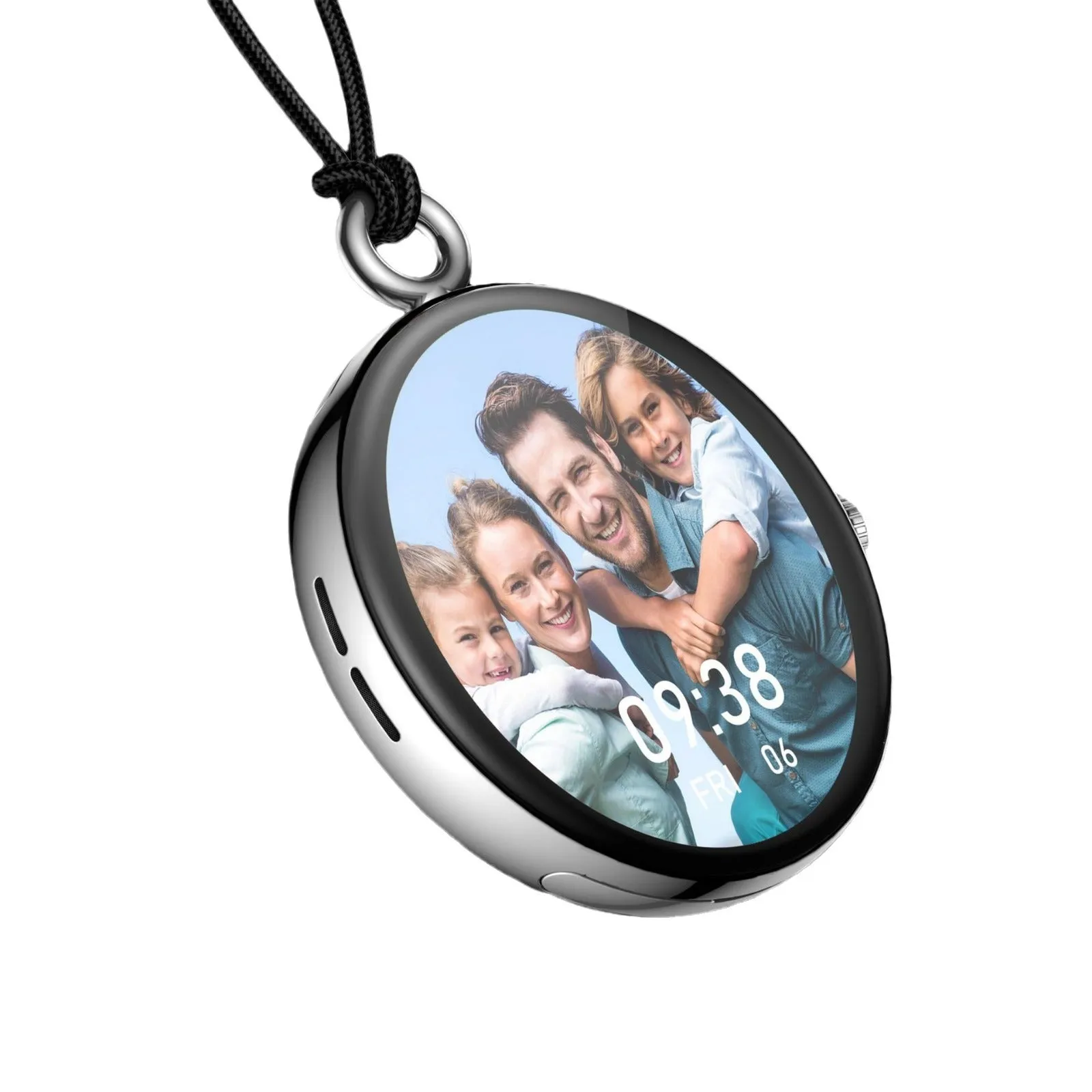 Smart watch lanyard design with AMOLED screen, Bluetooth calling, health monitoring, in Black colour