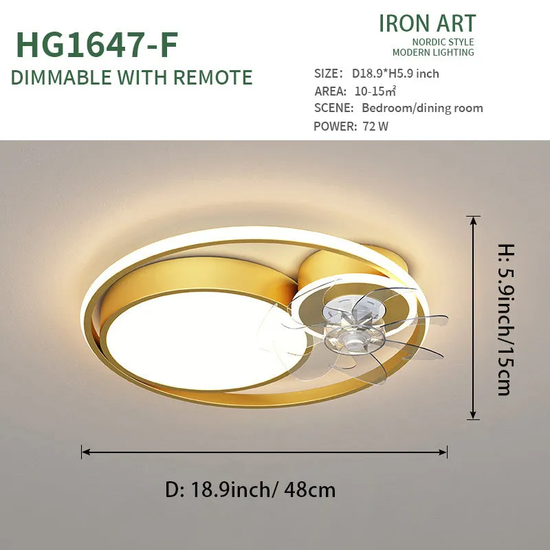 48cm diameter ceiling fan with light in Nordic style, featuring metal blades and an acrylic lampshade.