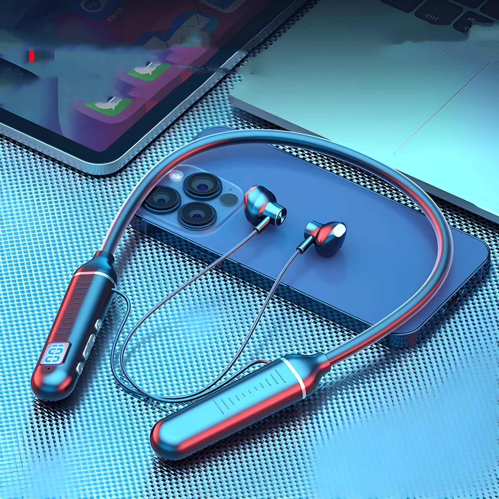 Wireless Bluetooth earphones with silicone bow sports neckband and battery display in black colour choice