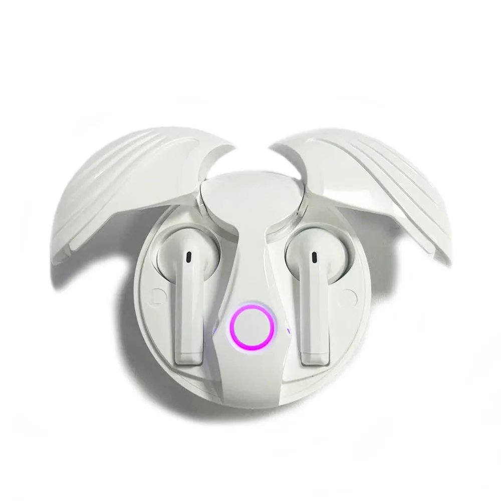 Gaming TWS true wireless Bluetooth headset with noise cancelling in black charging case, side view