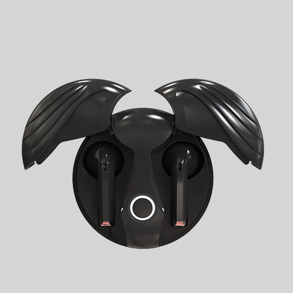 Gaming TWS true wireless Bluetooth headset with noise cancelling in black charging case, side view