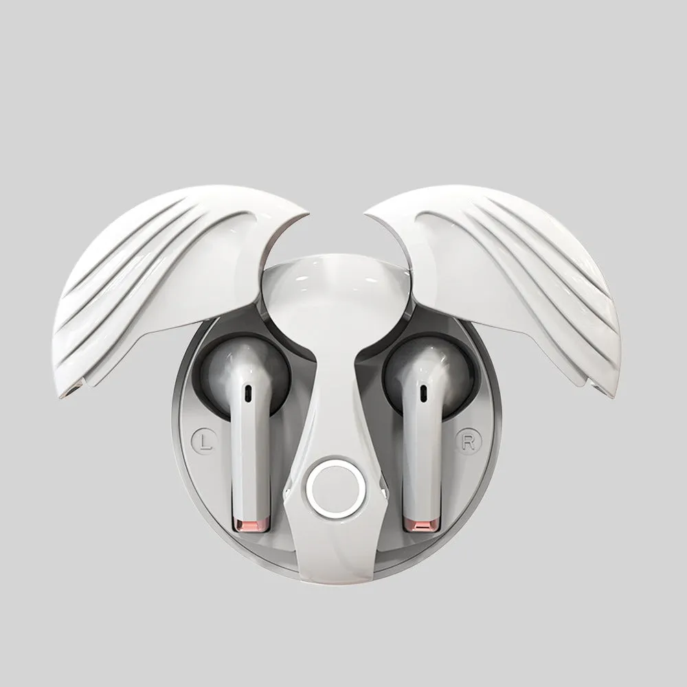 Gaming TWS true wireless Bluetooth headset with noise cancelling in black charging case, side view