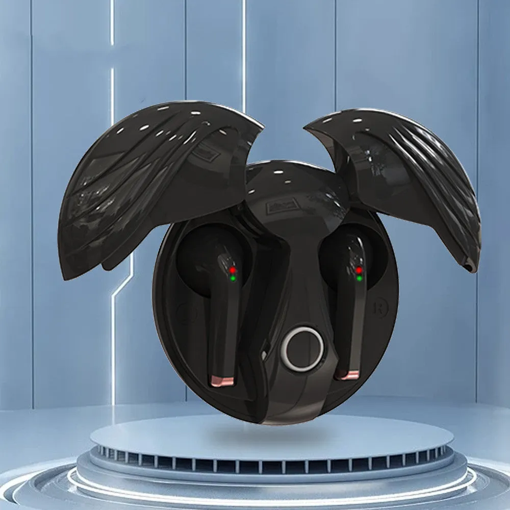 Gaming TWS true wireless Bluetooth headset with noise cancelling in black charging case, side view
