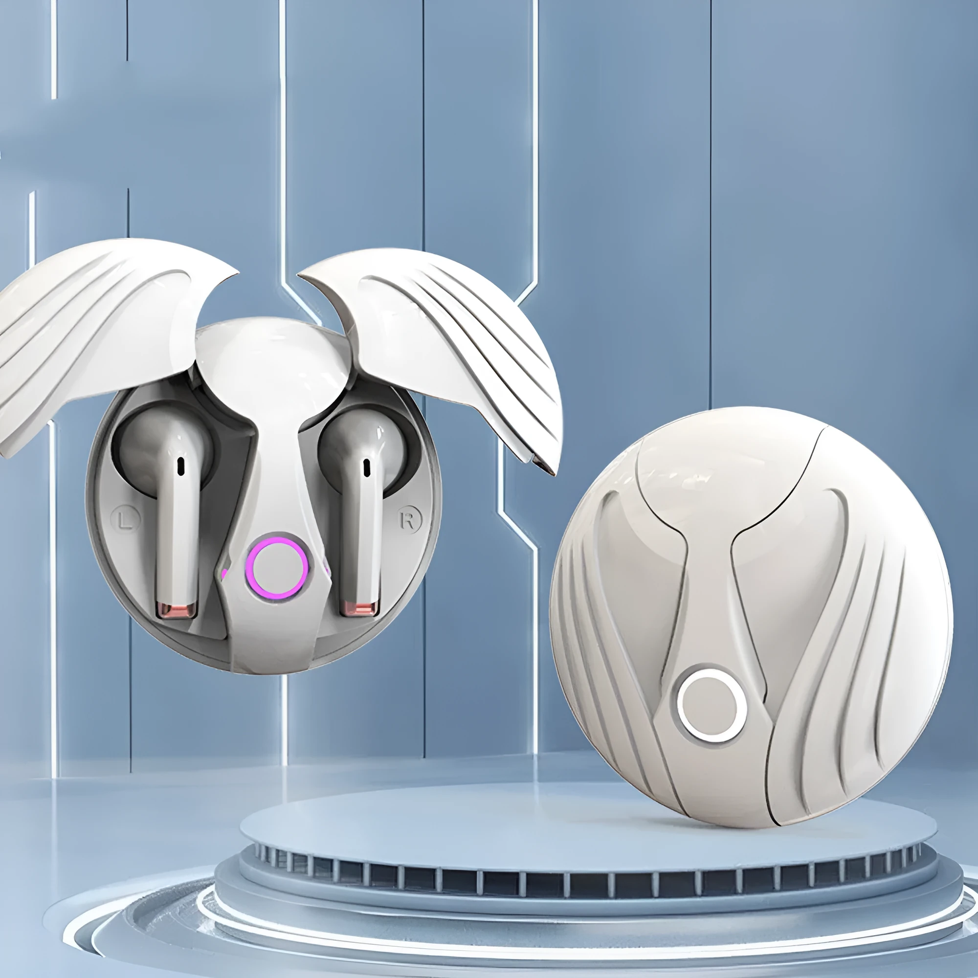 Gaming TWS true wireless Bluetooth headset with noise cancelling in black charging case, side view
