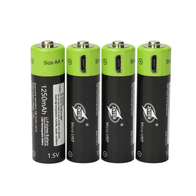 Green USB rechargeable lithium battery 1.5V AA AAA 1250mAh with fireproof ABS shell and charging cable