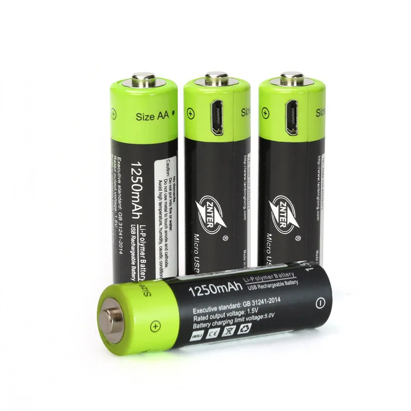 Green USB rechargeable lithium battery 1.5V AA AAA 1250mAh with fireproof ABS shell and charging cable