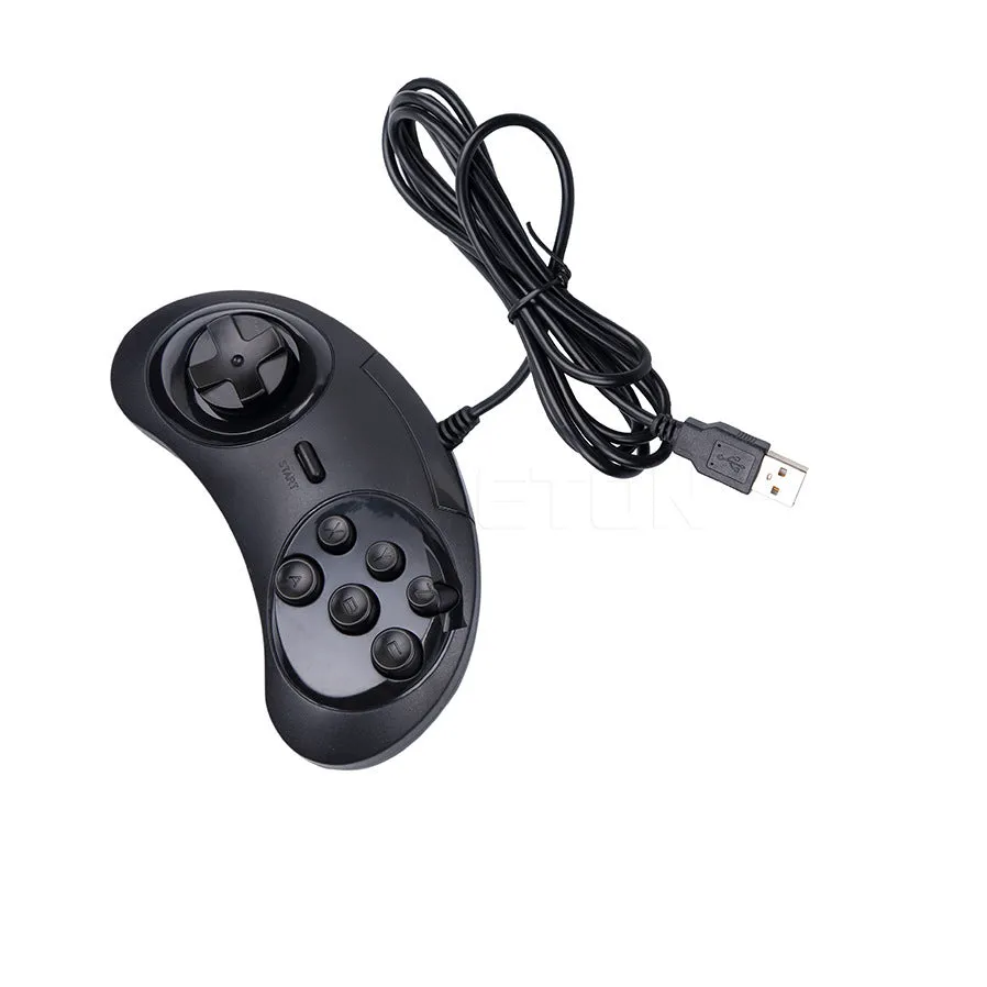 Black Sega-style USB wired PC game controller with 1.8-metre cable on a desk.