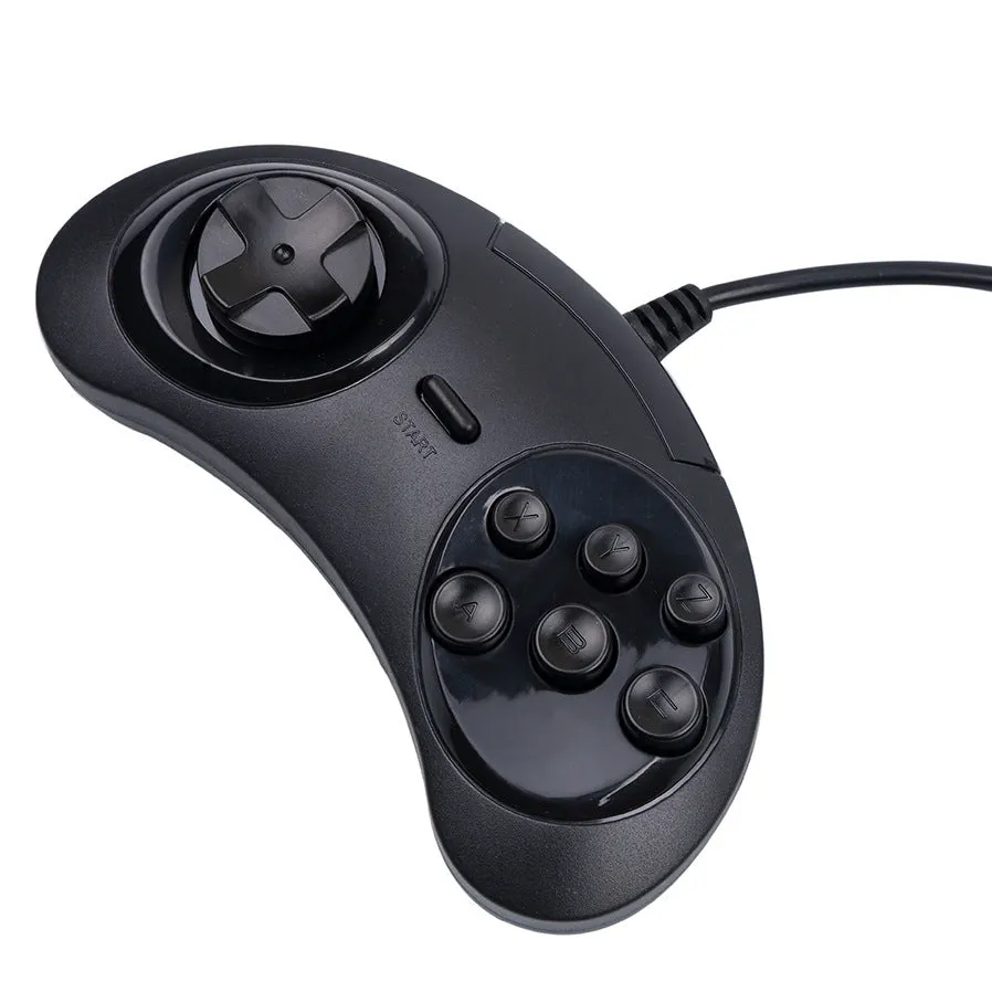 Black Sega-style USB wired PC game controller with 1.8-metre cable on a desk.