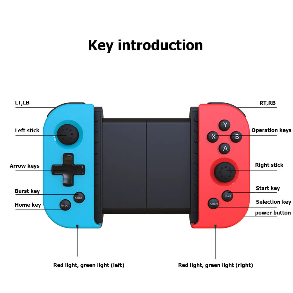 X6 wireless Bluetooth 4.0 telescopic game controller with 19 keys, red and blue colour, for PUBG Mobile on Android and iPhone