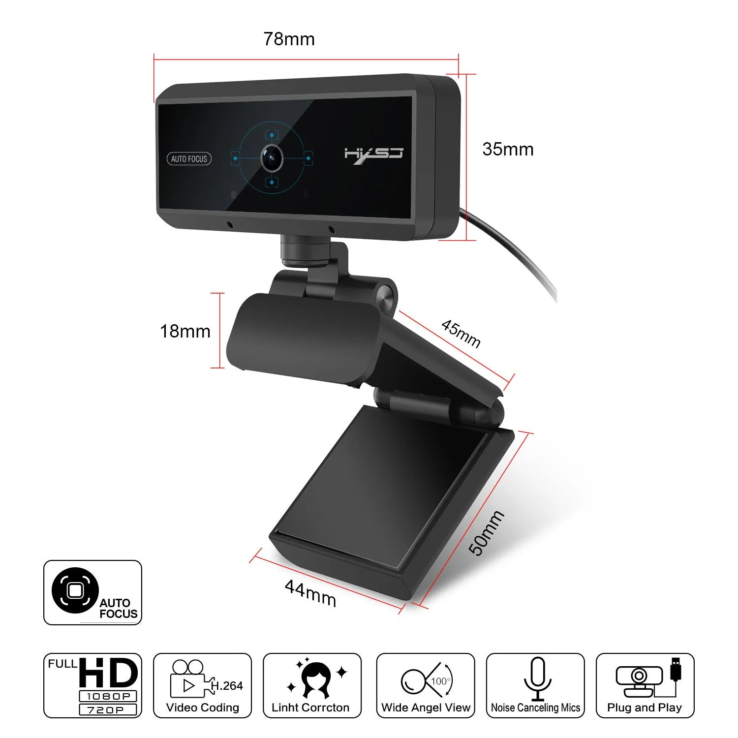 AF black 1080P webcam with auto focus and six-layer glass lens on a desk