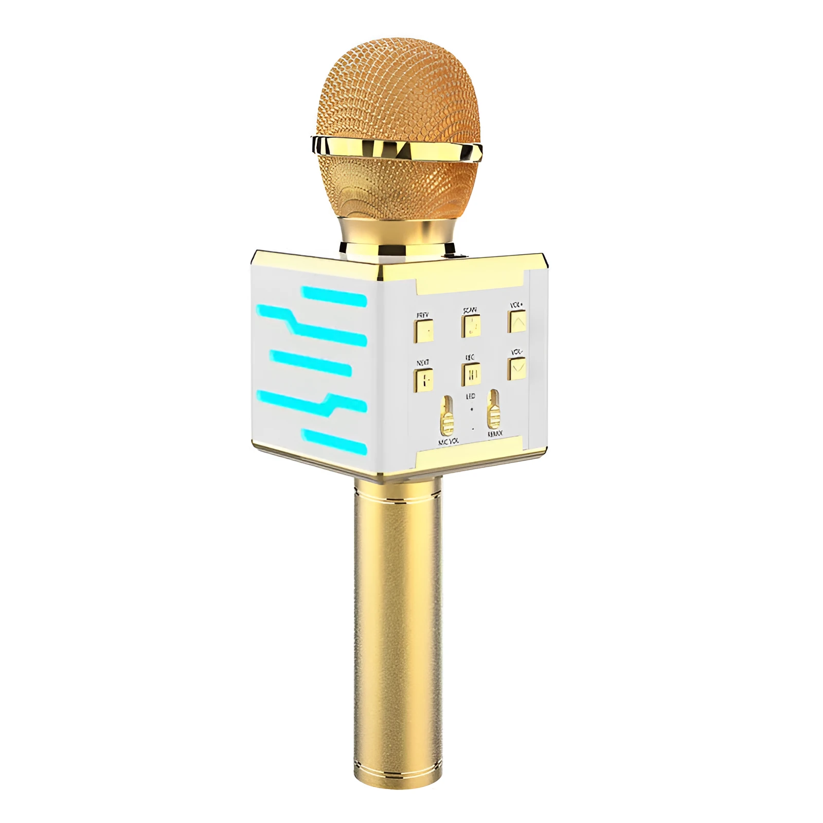 Wireless Bluetooth condenser microphone in gold finish with super cardioid pickup pattern and 25cm dimensions