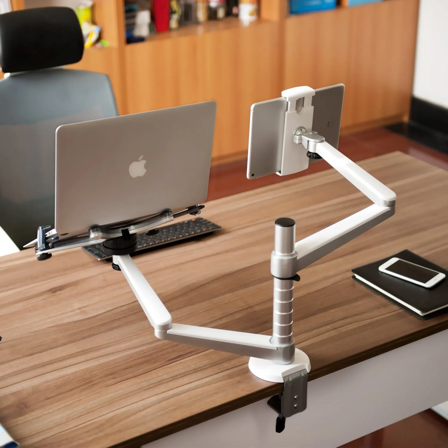 Silver aluminium alloy double-arm laptop stand with 310mm column height and clip-on desk mount