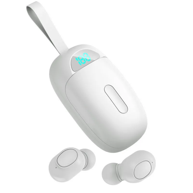 Binaural stereo call earbud wireless headset in black with battery display and earplug design