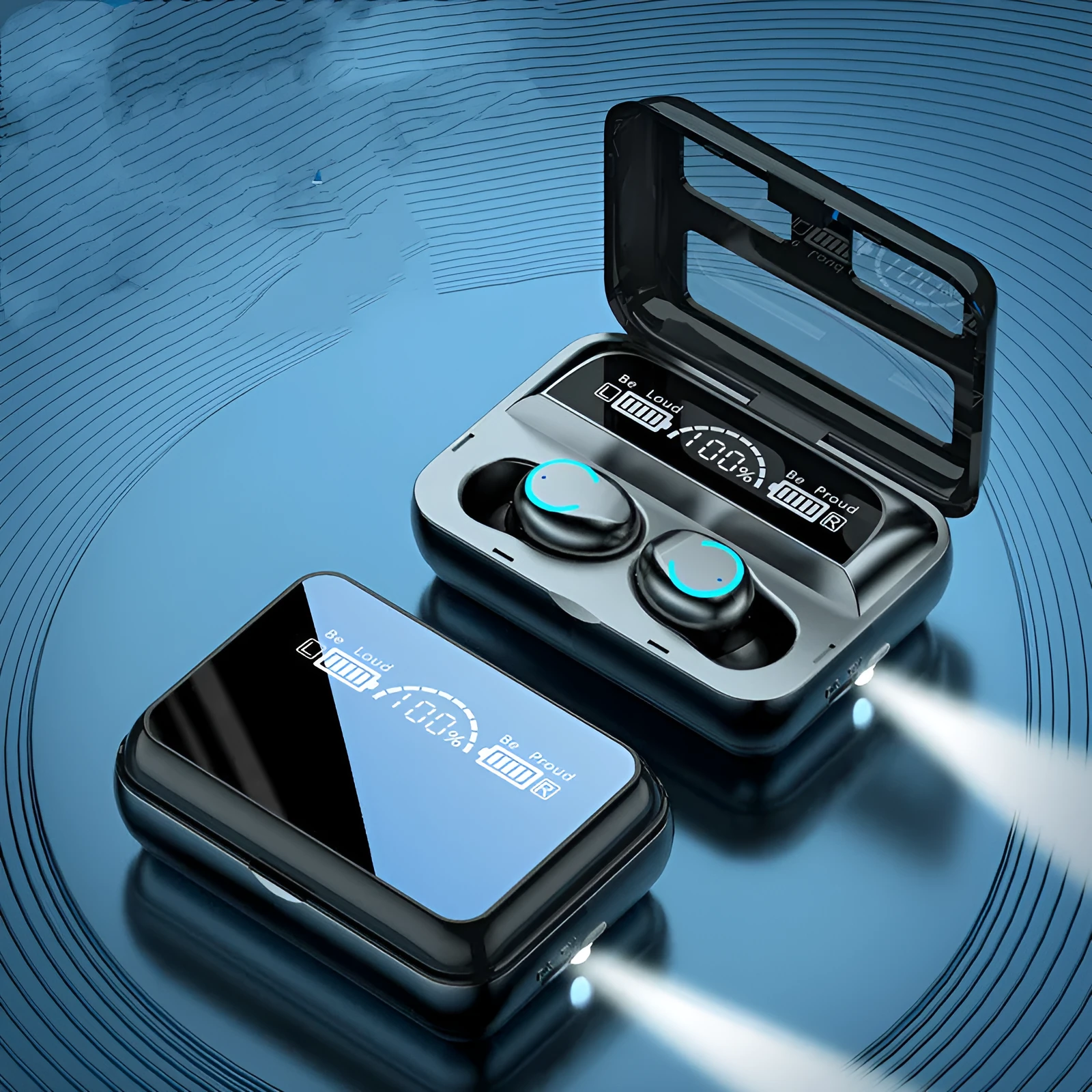 Mini sports in-ear Bluetooth headset with charging bay in black, touch controls, and magnetic nano-charging