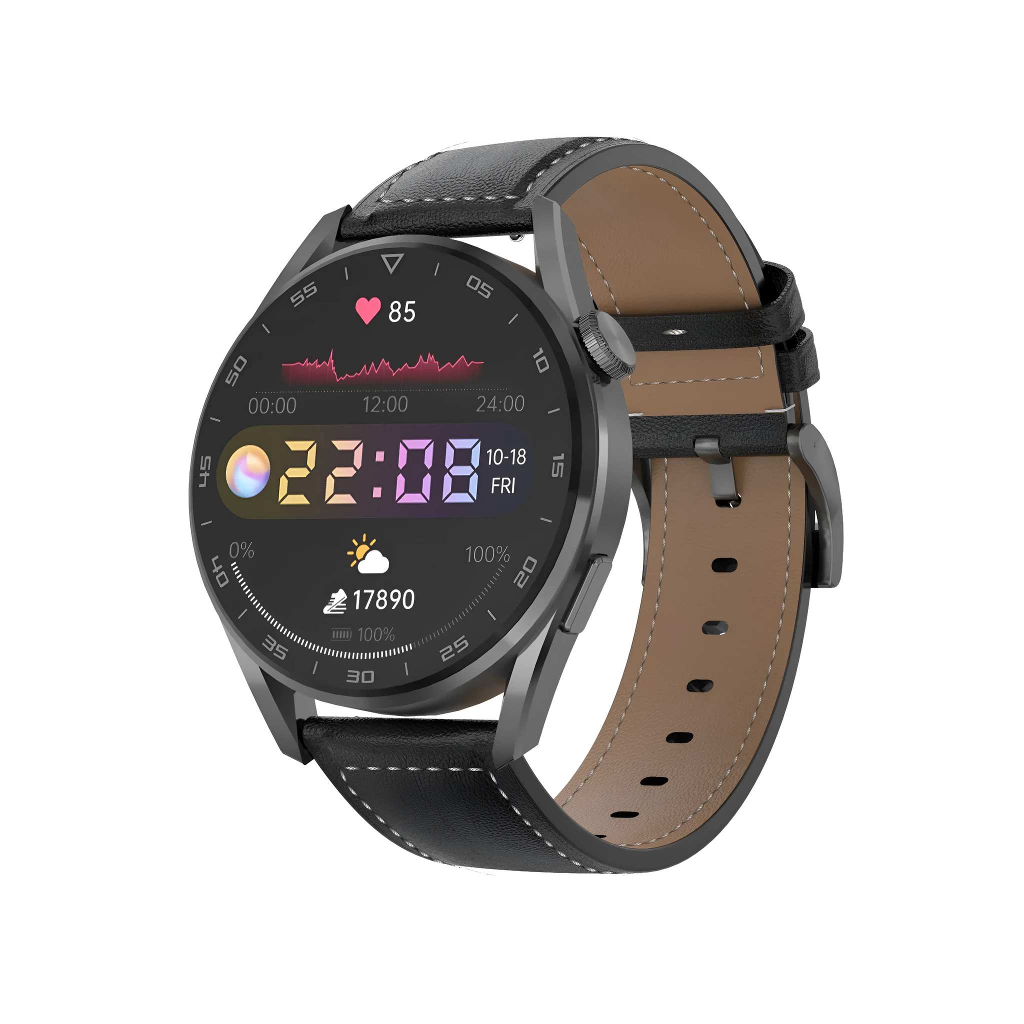 Smart watch with metal wristband and 1.3 inch IPS touchscreen display showing interface