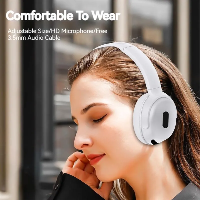 Foldable wireless Bluetooth headphones in black with over-ear design and folding hinge for travel storage