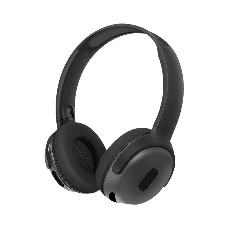 Foldable wireless Bluetooth headphones in black with over-ear design and folding hinge for travel storage