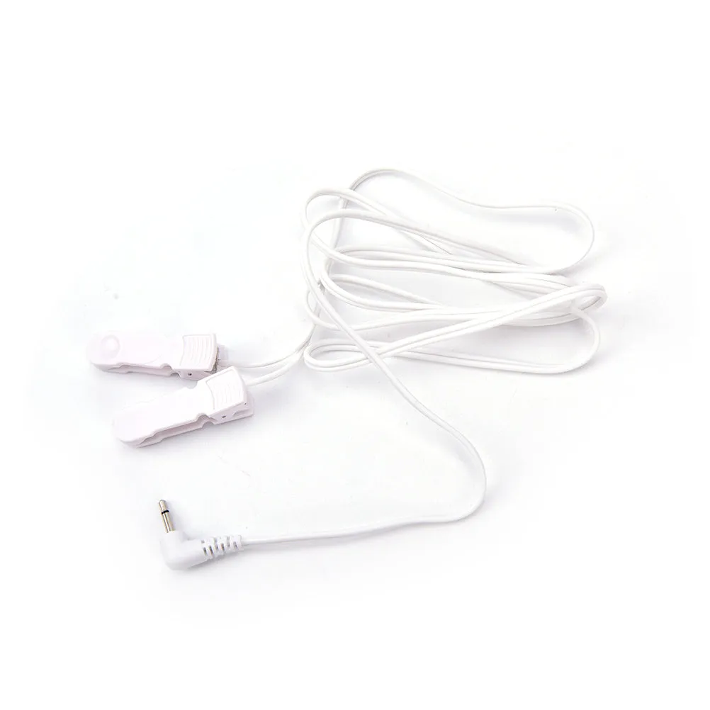 White massage ear clip with 3.5mm electrode wire for TENS machine, two clips included, handheld control