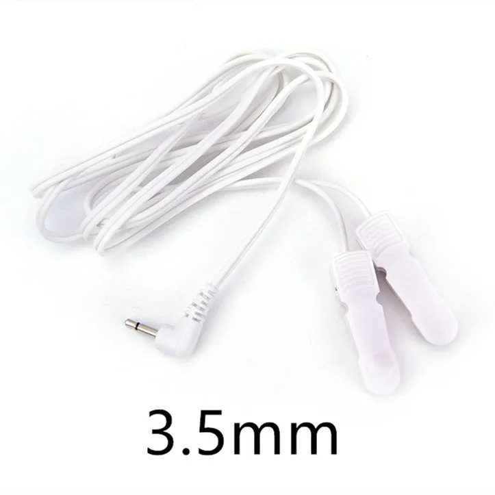 White massage ear clip with 3.5mm electrode wire for TENS machine, two clips included, handheld control