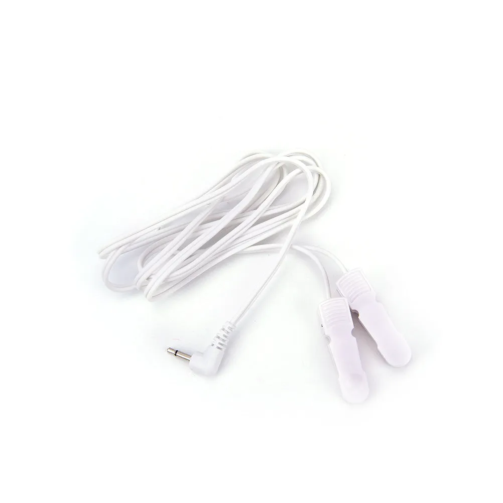 White massage ear clip with 3.5mm electrode wire for TENS machine, two clips included, handheld control