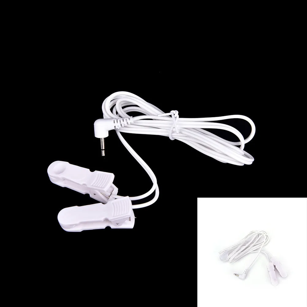 White massage ear clip with 3.5mm electrode wire for TENS machine, two clips included, handheld control