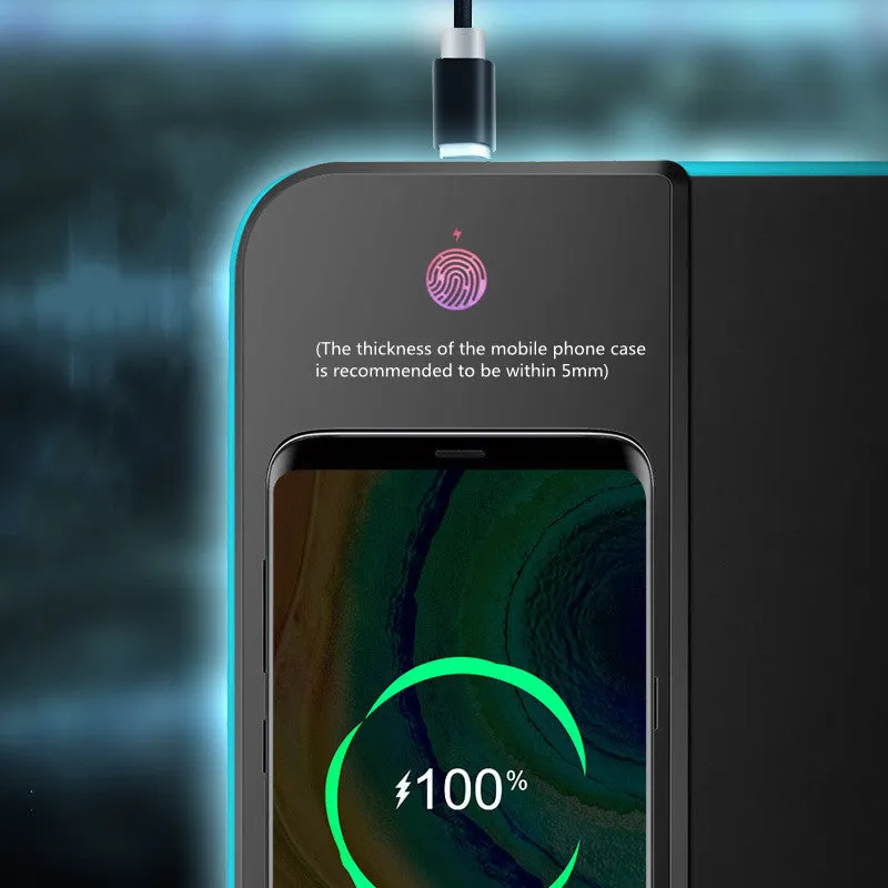 Wireless charging RGB luminous mouse pad 300x800x4mm with black cloth surface and built-in 10W charger