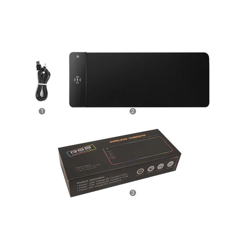 Wireless charging RGB luminous mouse pad 300x800x4mm with black cloth surface and built-in 10W charger