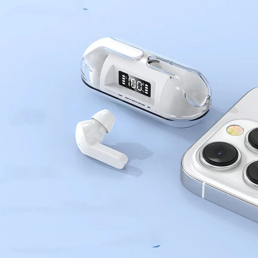 Air13 Pro fully transparent Bluetooth earbuds with 8mm horn and charging box in black