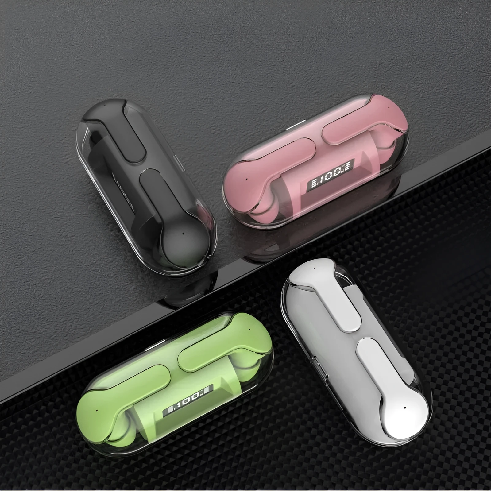 Air13 Pro fully transparent Bluetooth earbuds with 8mm horn and charging box in black