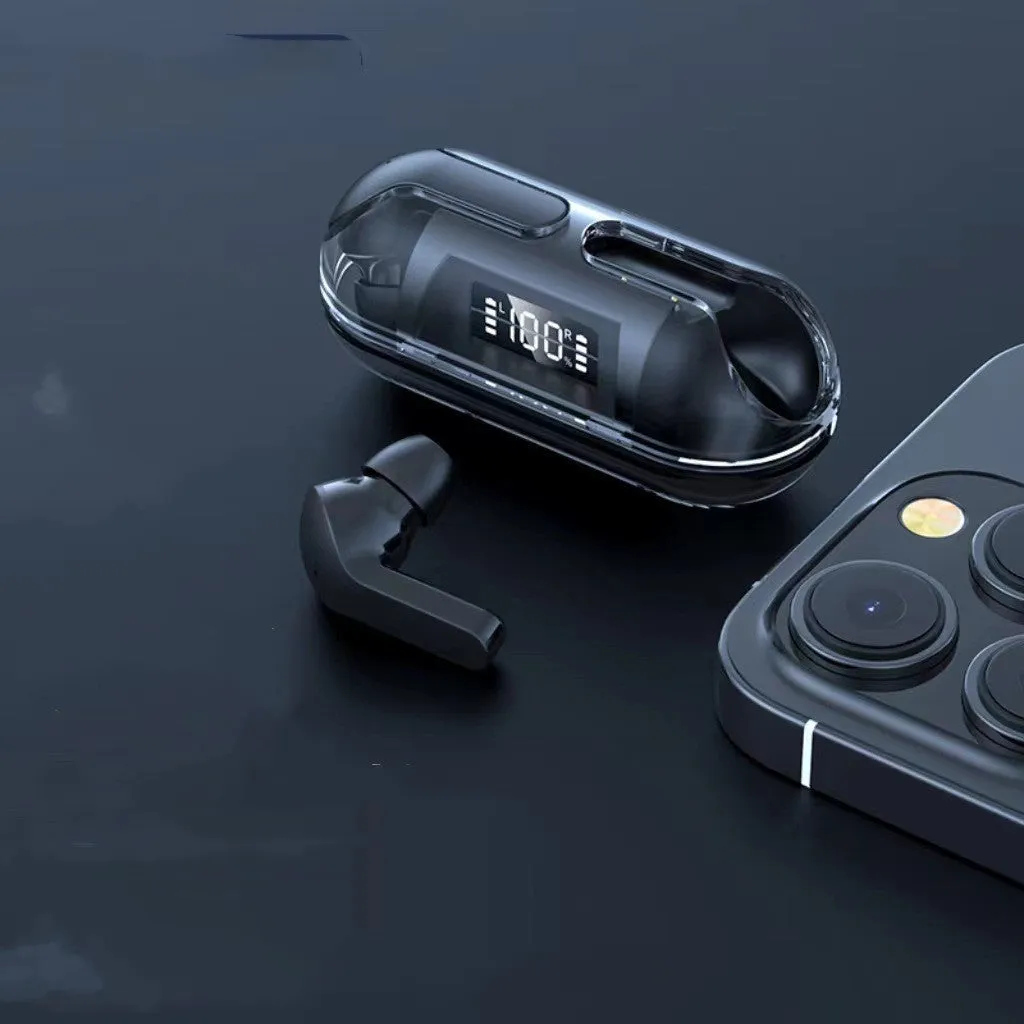Air13 Pro fully transparent Bluetooth earbuds with 8mm horn and charging box in black