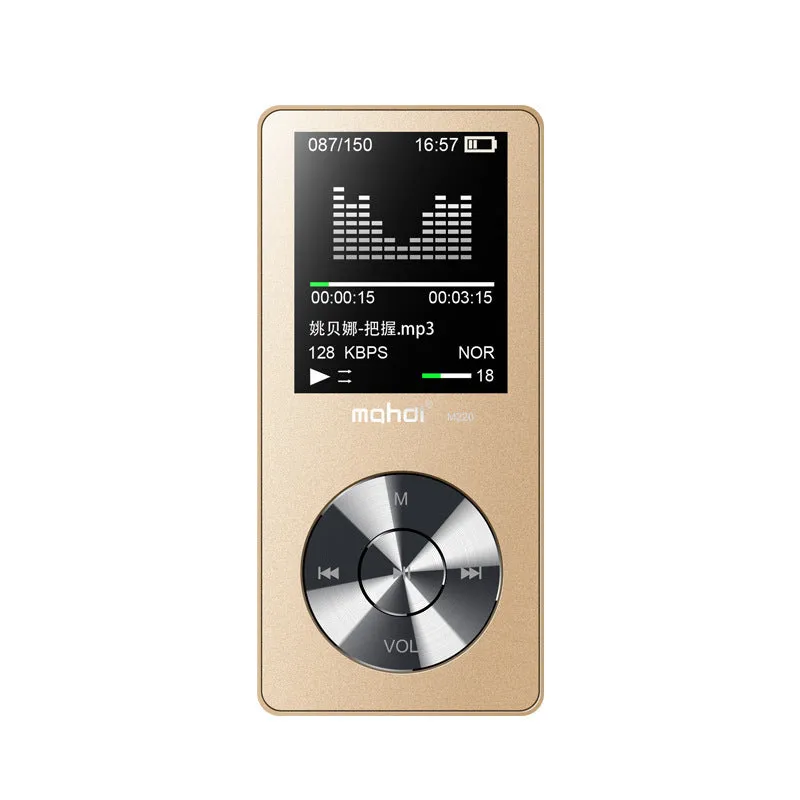 Gold metal MP3 lossless music player with 1.8-inch screen showing menu, alongside headphones