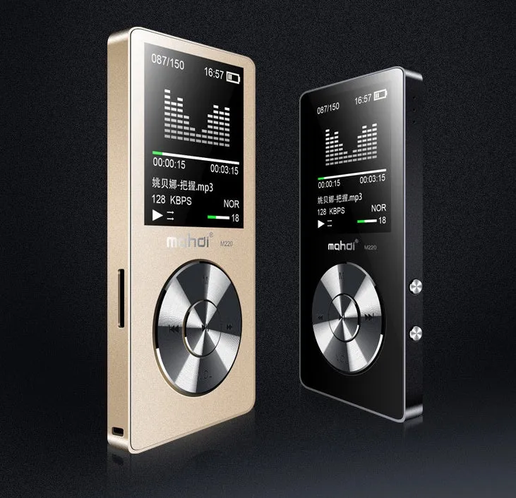 Gold metal MP3 lossless music player with 1.8-inch screen showing menu, alongside headphones