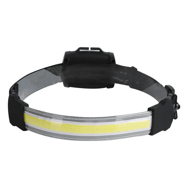 Black rechargeable Cob LED headlamp with adjustable headband and Micro USB cable