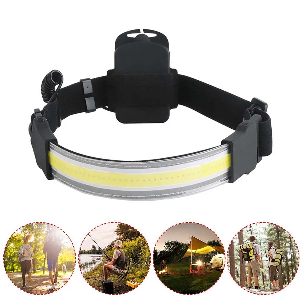 Black rechargeable Cob LED headlamp with adjustable headband and Micro USB cable