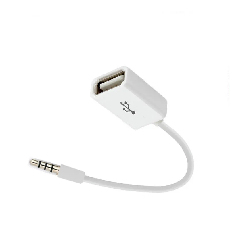 White 18cm USB 2.0 to 3.5mm AUX audio converter cable for car stereo with male jack and female USB connectors