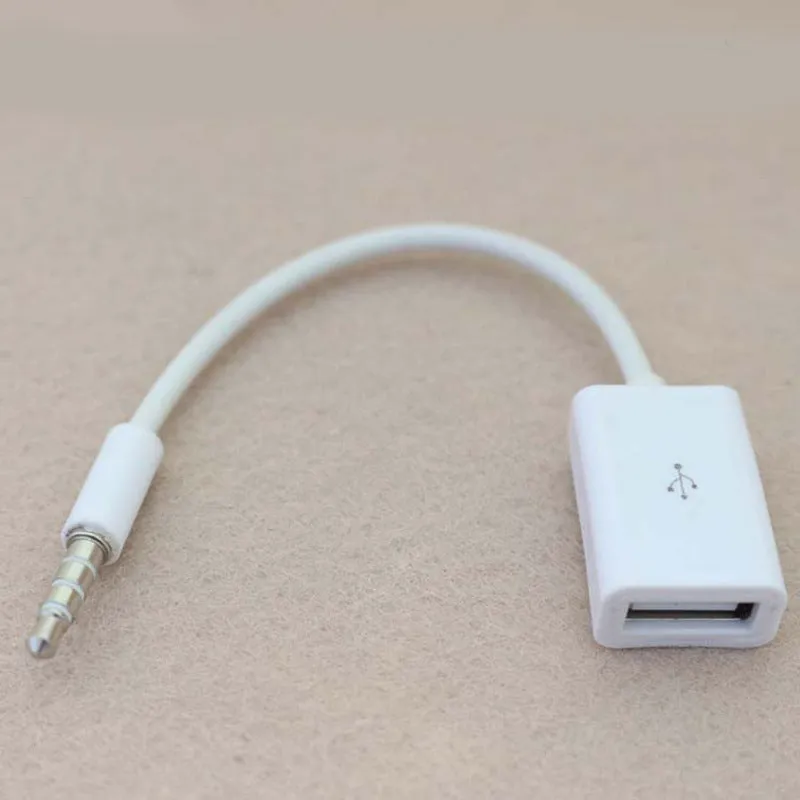 White 18cm USB 2.0 to 3.5mm AUX audio converter cable for car stereo with male jack and female USB connectors