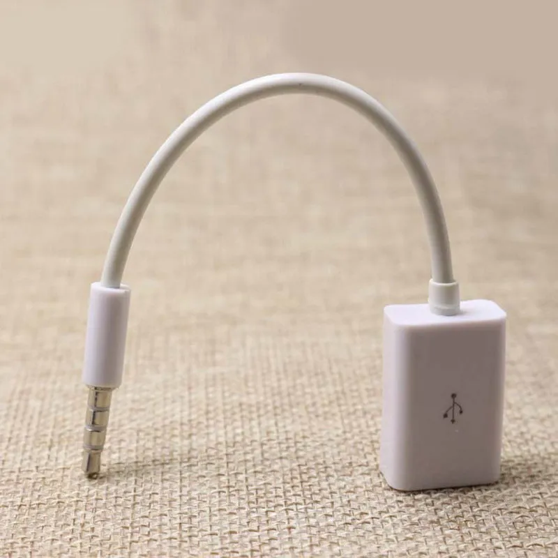 White 18cm USB 2.0 to 3.5mm AUX audio converter cable for car stereo with male jack and female USB connectors