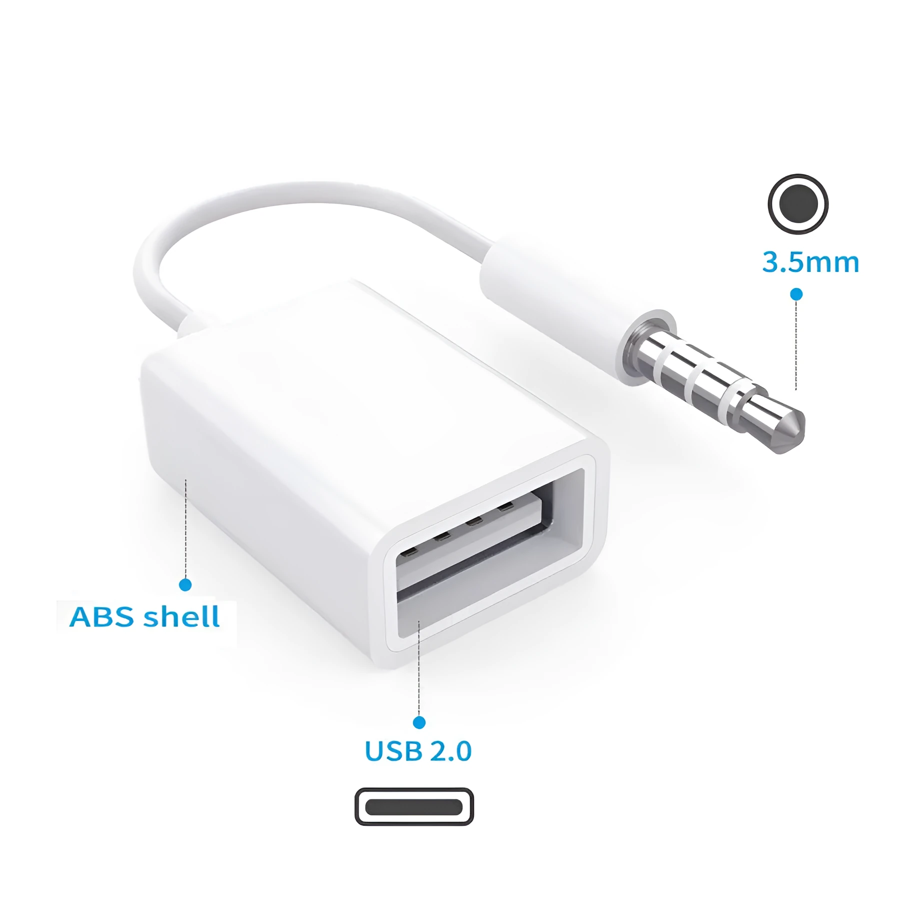 White 18cm USB 2.0 to 3.5mm AUX audio converter cable for car stereo with male jack and female USB connectors