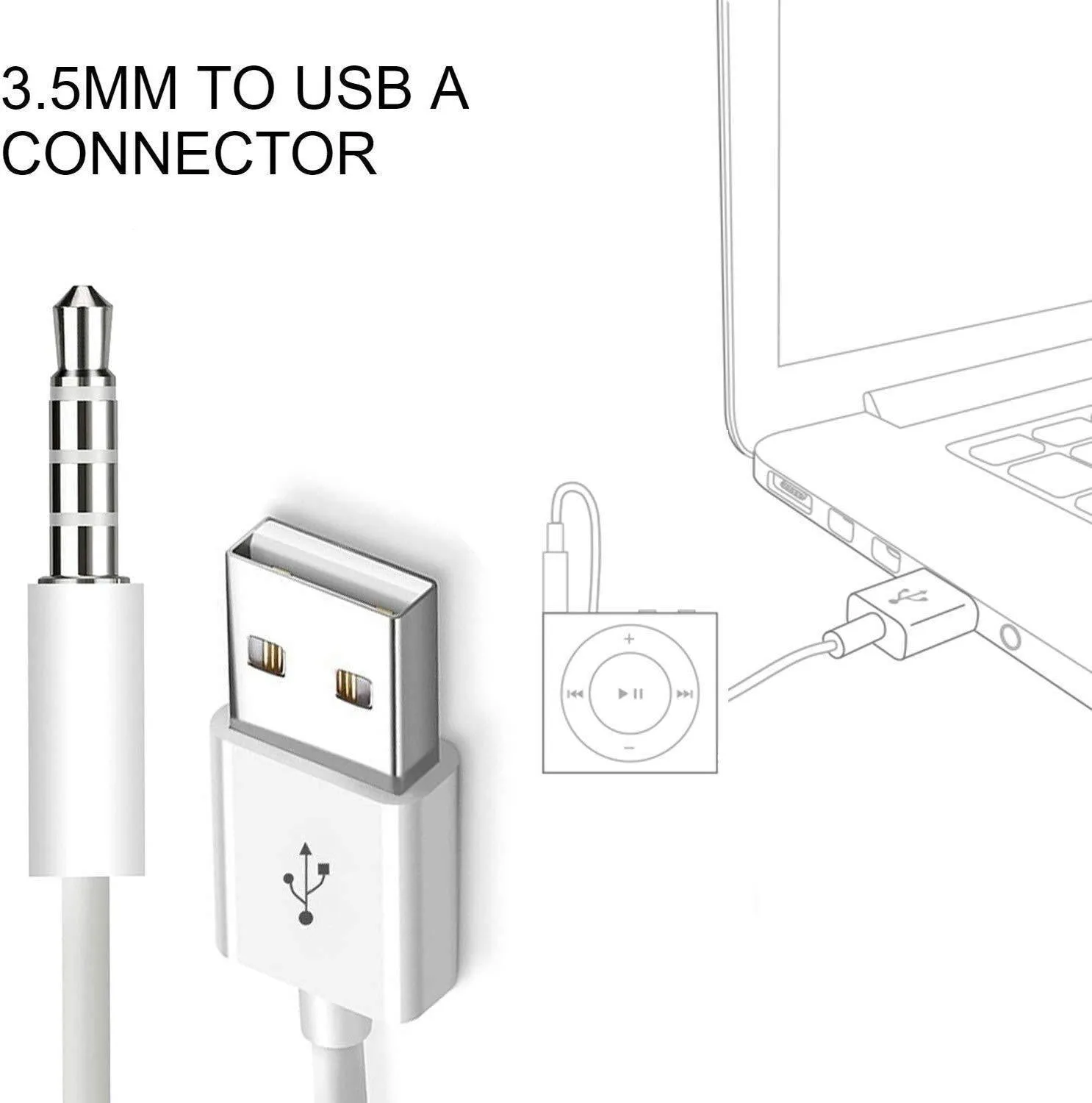 White 18cm USB 2.0 to 3.5mm AUX audio converter cable for car stereo with male jack and female USB connectors