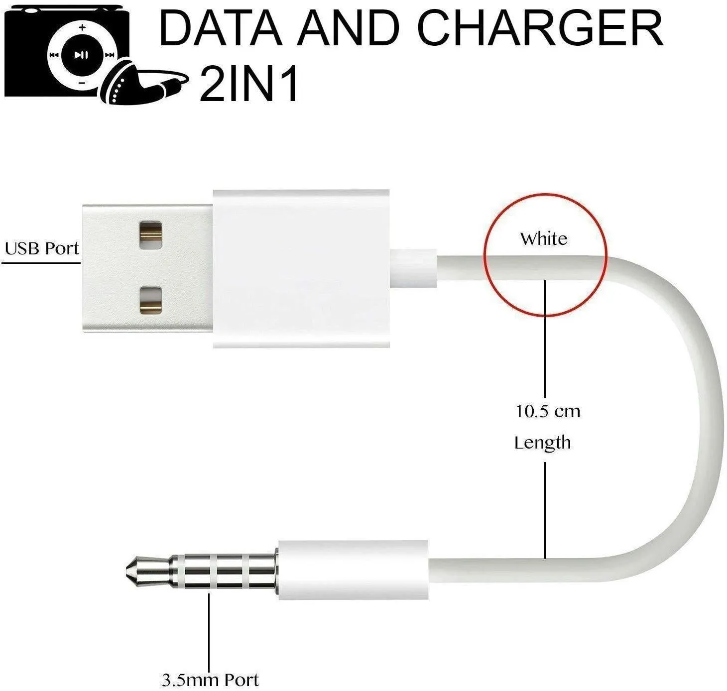 White 18cm USB 2.0 to 3.5mm AUX audio converter cable for car stereo with male jack and female USB connectors