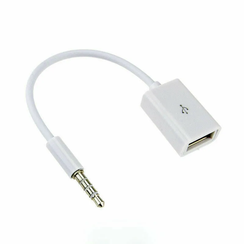 White 18cm USB 2.0 to 3.5mm AUX audio converter cable for car stereo with male jack and female USB connectors