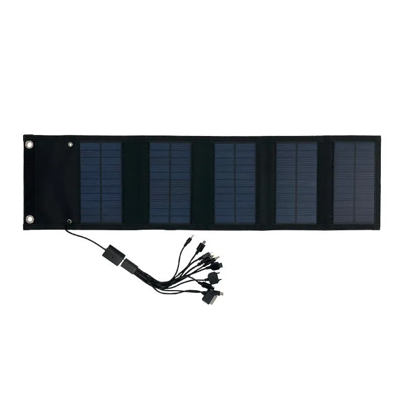 Folding solar panel charger in compact bag form with USB output port for outdoor camping use