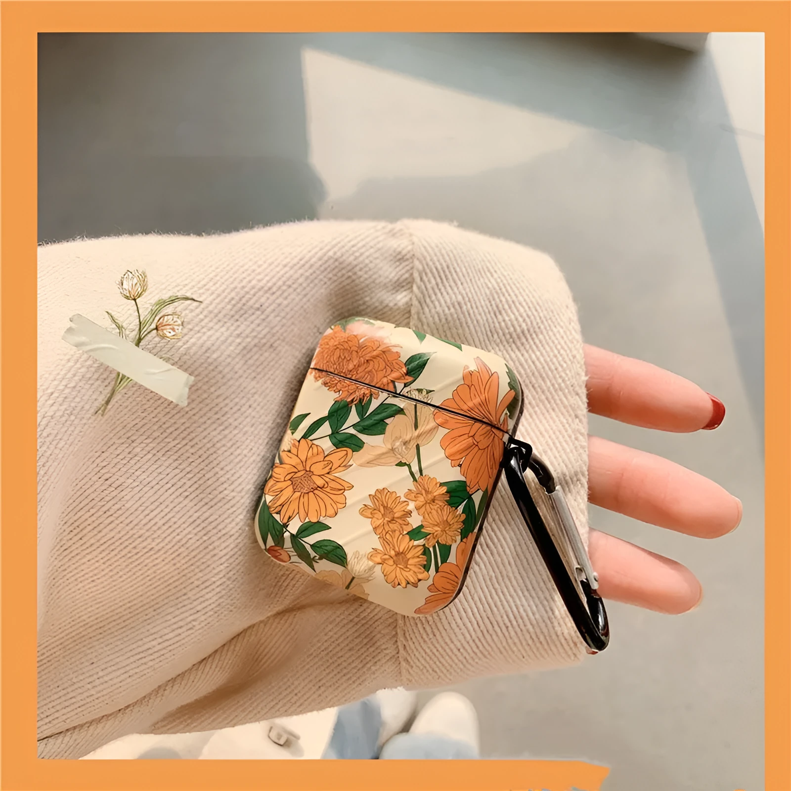 Light yellow hard plastic AirPods case cover with daisy design on white background