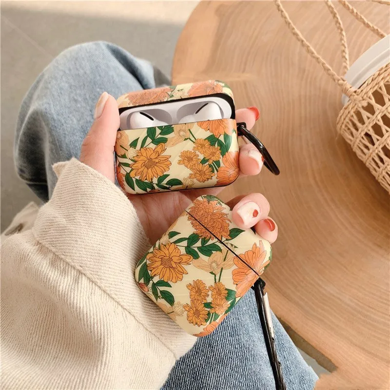 Light yellow hard plastic AirPods case cover with daisy design on white background
