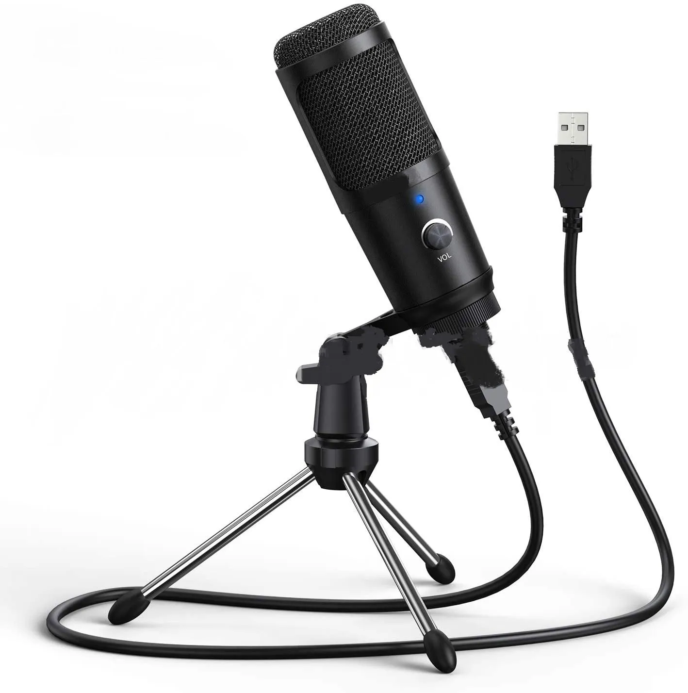 Black microphone set with desktop tripod compatible with iPhone for live recording