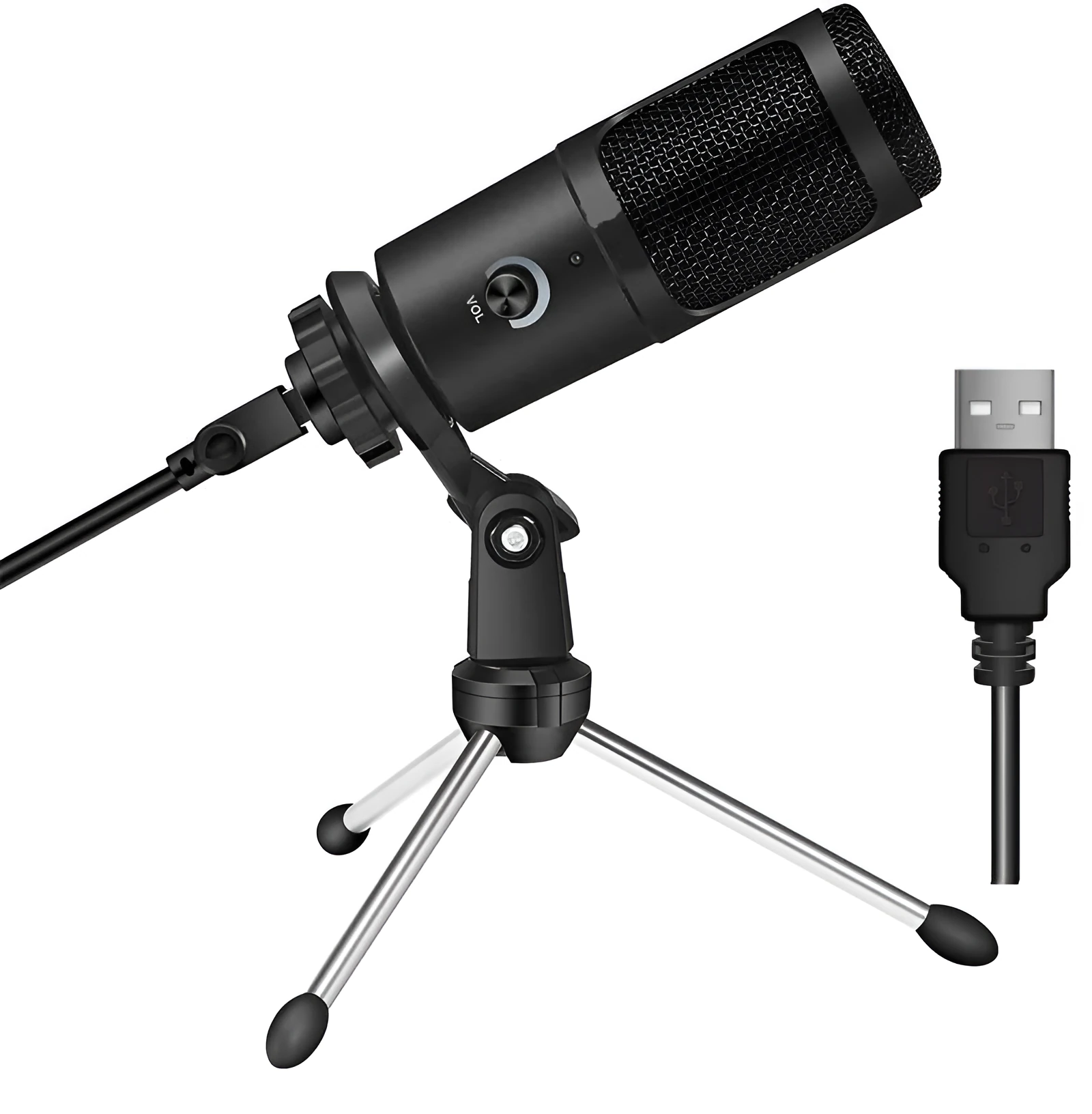 Black microphone set with desktop tripod compatible with iPhone for live recording