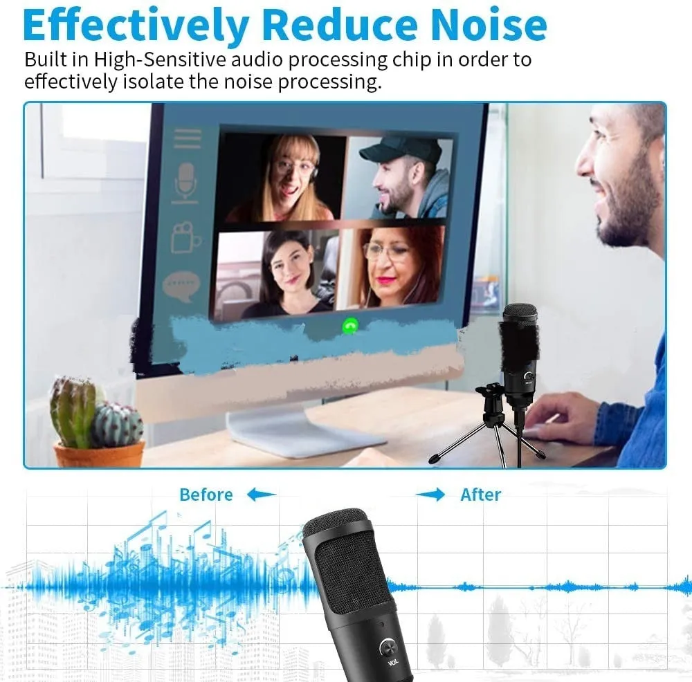 Black microphone set with desktop tripod compatible with iPhone for live recording