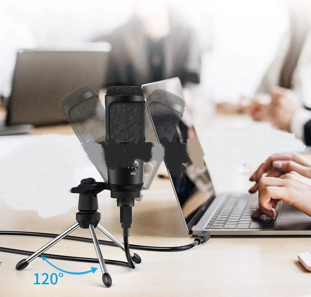 Black microphone set with desktop tripod compatible with iPhone for live recording