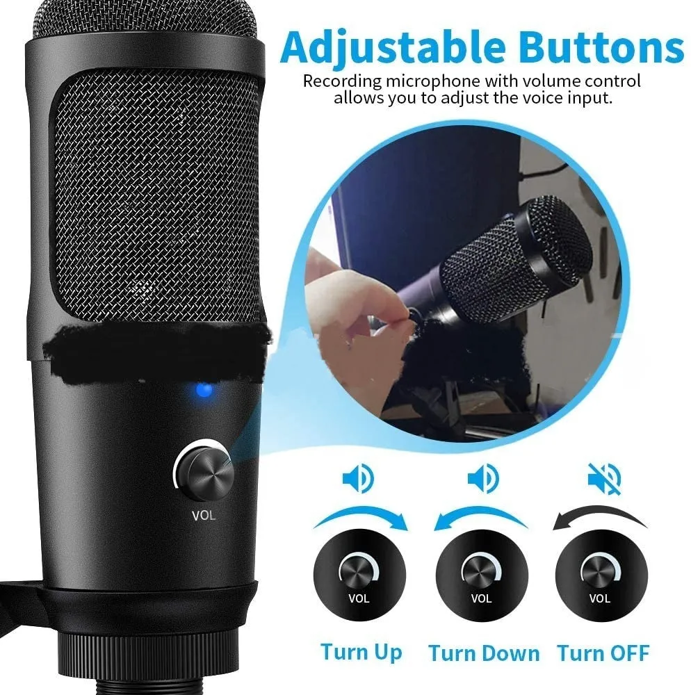 Black microphone set with desktop tripod compatible with iPhone for live recording