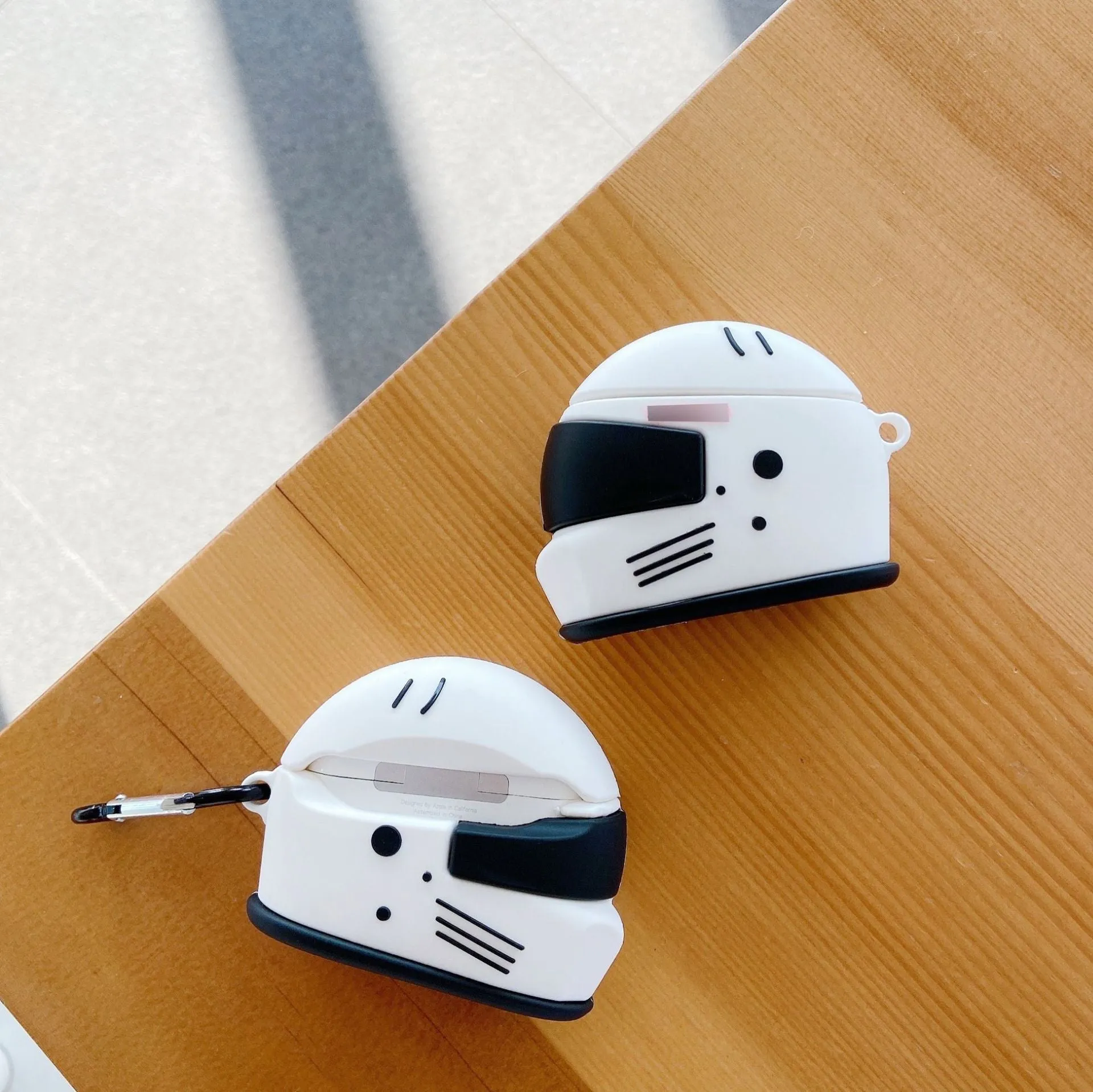 Cartoon motorcycle helmet silicone Airpods case with carabiner clip